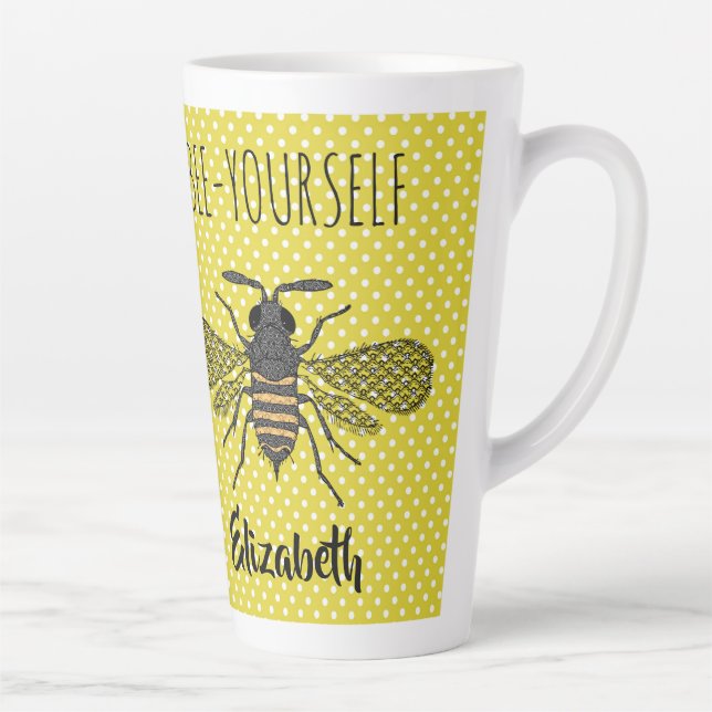 Caneca De Café Latte Trendy BEE Yself Yellow Polkadot DECOR Nomeado (Direita)