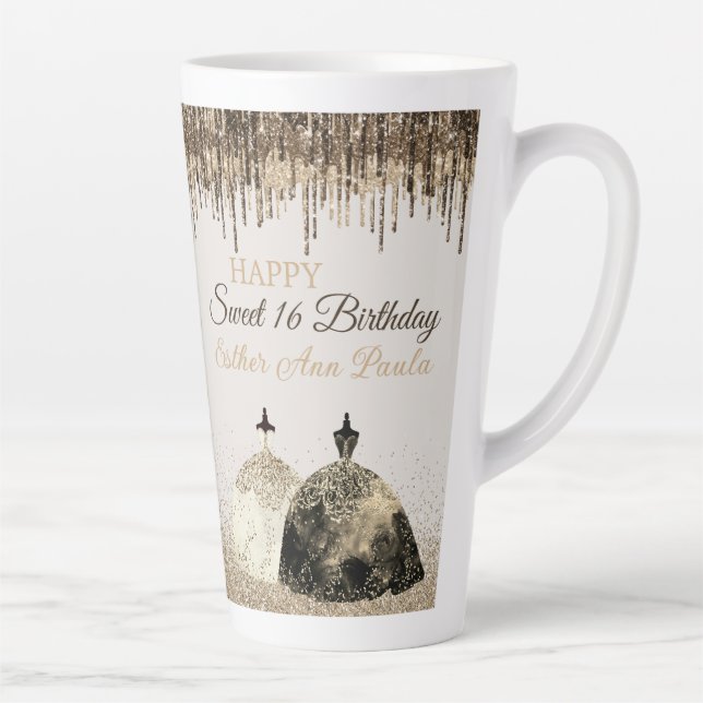 Caneca De Café Latte Trendy Dourado Ball Gown Feliz Jovem 16 Aniversári (Direita)