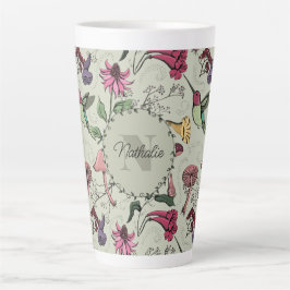Caneca De Café Latte Trendy Sage Green Flowers & Hummingbird Monograma