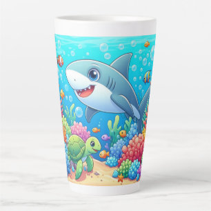 Caneca De Café Latte Tropical/Havaí colorido tubarão e tartaruga submar