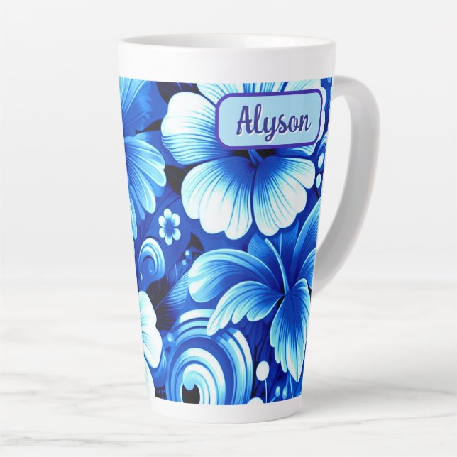 Caneca De Café Latte Tropical Hawaiian Flowers Hibiscus Personalized (Ângulo direito)