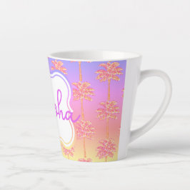 Caneca De Café Latte Tropical Sunset Island Girl Pink Palm Tree Mug