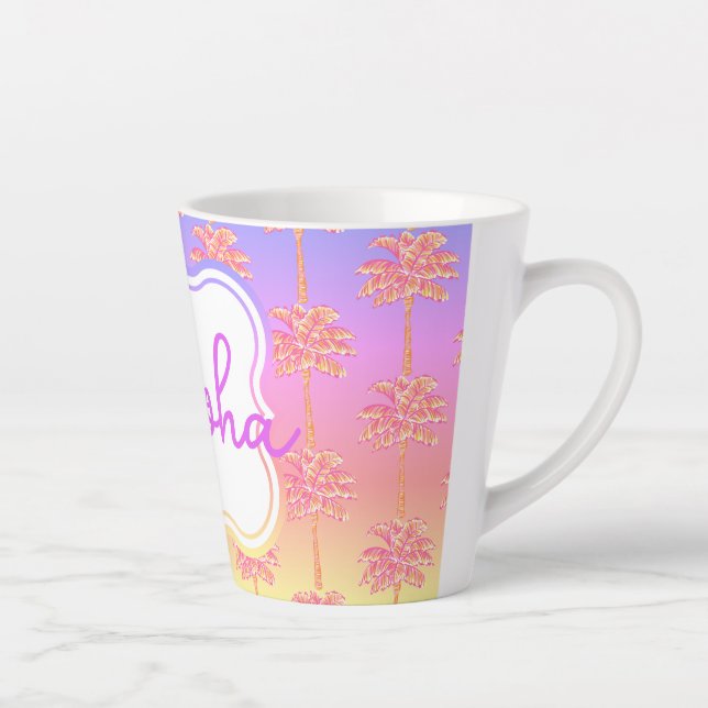 Caneca De Café Latte Tropical Sunset Island Girl Pink Palm Tree Mug (Direita)