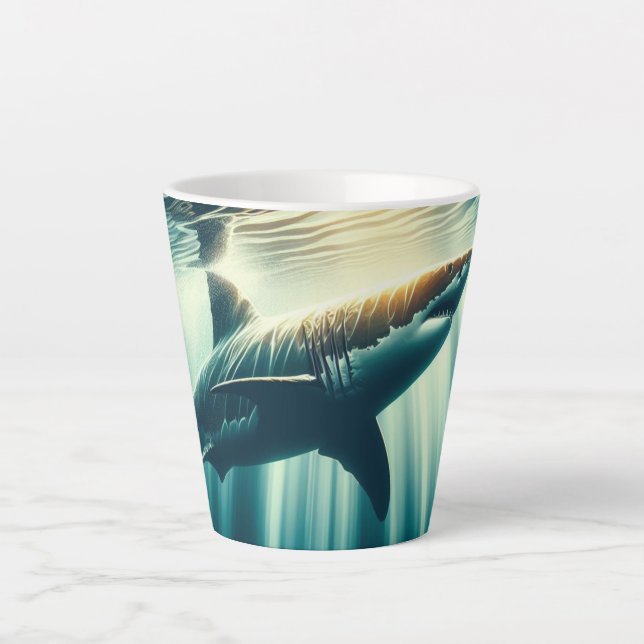 Caneca De Café Latte Tubarão no mar azul profundo e luz solar (Frente)