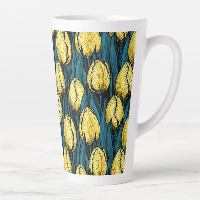Caneca De Café Latte Tulipas amarelas com folhas azuis (Direita)