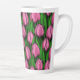 Caneca De Café Latte Tulipas cor-de-rosa com folhas verdes