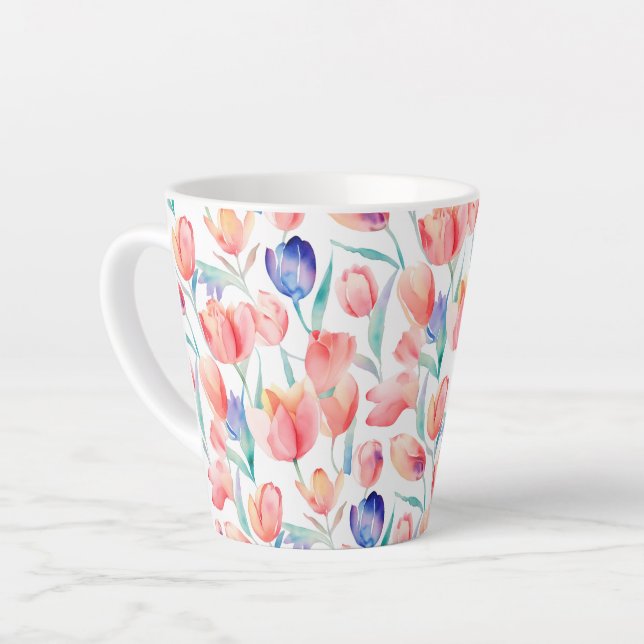 Caneca De Café Latte Tulipas de Aquarela Patterno Lata (Ângulo esquerdo)