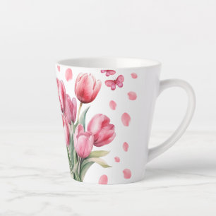 Caneca De Café Latte Tulipas elegantes aquarela pétalas borboletas