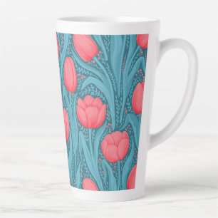 Caneca De Café Latte Tulipas em azul e vermelho