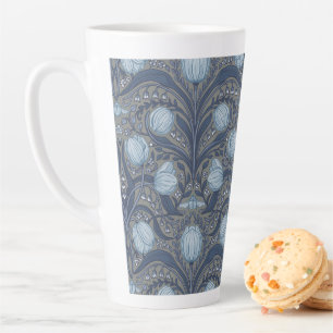 Caneca De Café Latte Tulipas Retro Nouveau em azul e estanho