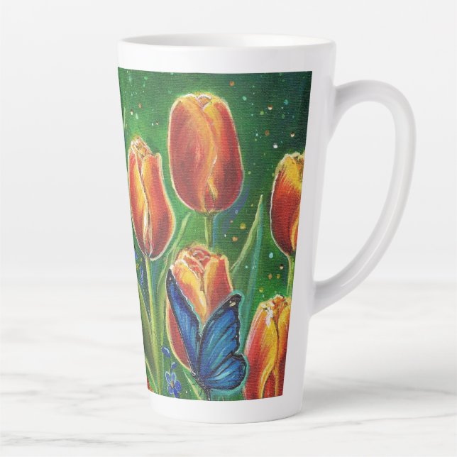 Caneca De Café Latte Tulipas variadas com borboletas por Renee Lavoie (Direita)