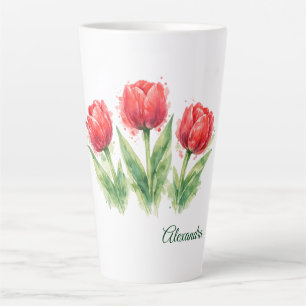 Caneca De Café Latte Tulipas Vermelhas Aquarela Personalizadas