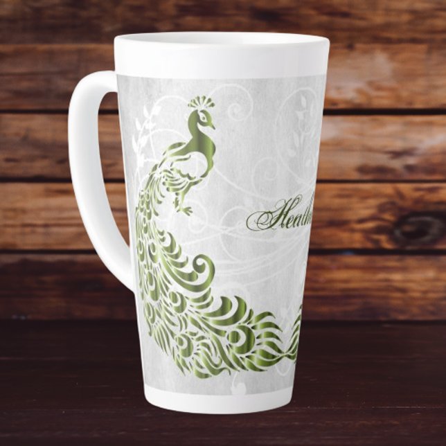 Caneca De Café Latte Turfa Verde Personalizada Latte Mug (Green Peacock Personalized Latte Mug)