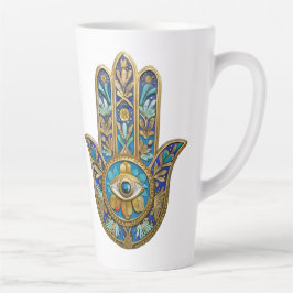 Caneca De Café Latte Turquesa Azul Ouro Hamsa Safira Terceiro Olho