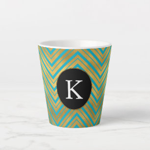 Caneca De Café Latte Turquesa Chic Aqua Blue Dourado Chevron Monograma