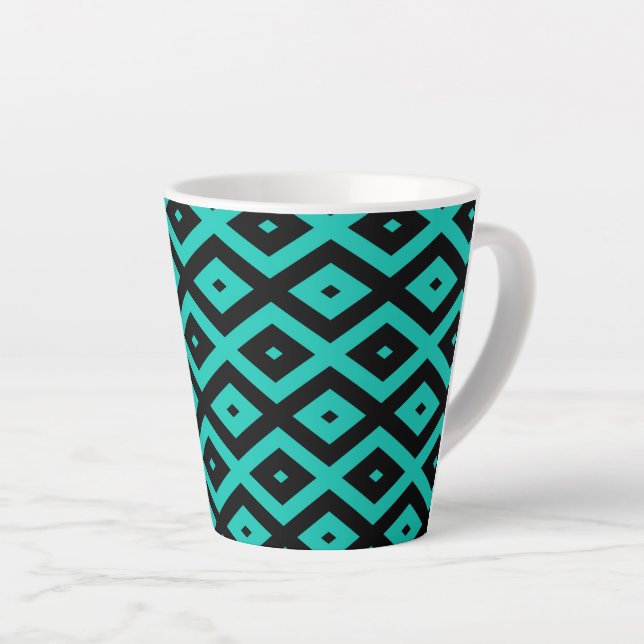 Caneca De Café Latte Turquesa e padrão de diamante preto (Ângulo direito)