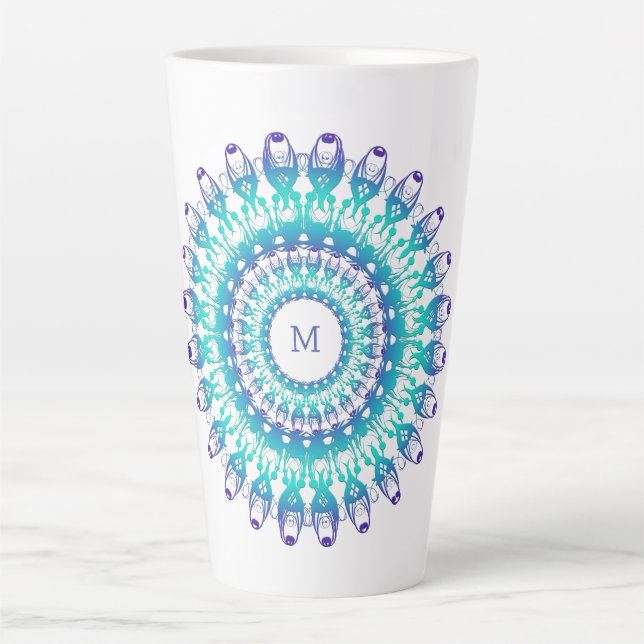 Caneca De Café Latte Turquesa Étnica Mandala, Monograma. (Frente)