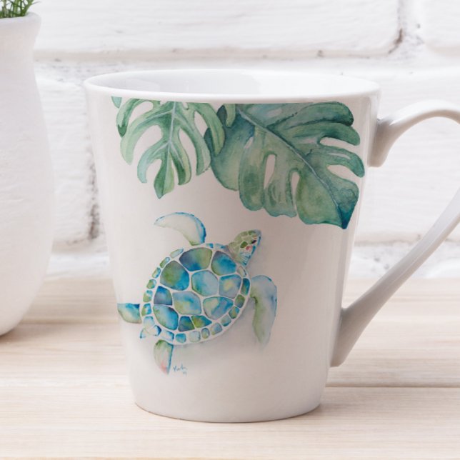 Caneca De Café Latte Turquesa Tropical Azul Aquarela Tartaruga Marinha (Sea turtle coffee mug watercolor art by Victoria Grigaliunas of Do Tell A Belle)