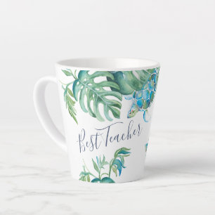 Caneca De Café Latte Turquesa Tropical Azul Aquarela Tartaruga Marinha