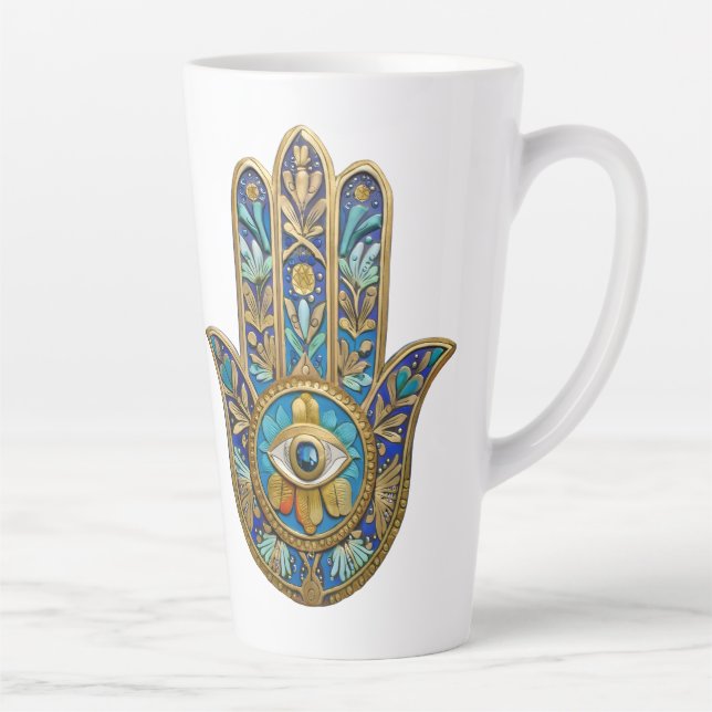 Caneca De Café Latte Turquoise Blue Gold Hamsa Sapphire Third Eye  (Direita)