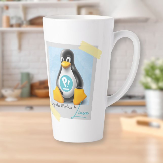 Caneca De Café Latte Tux do Windows PopOS atualizado (Upgraded Windows PopOS Tux Latte Mug)