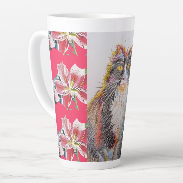Caneca De Café Latte Tuxedo Gato Pintado à Mão, Tumg Vermelho Vermelho  (Ângulo esquerdo)