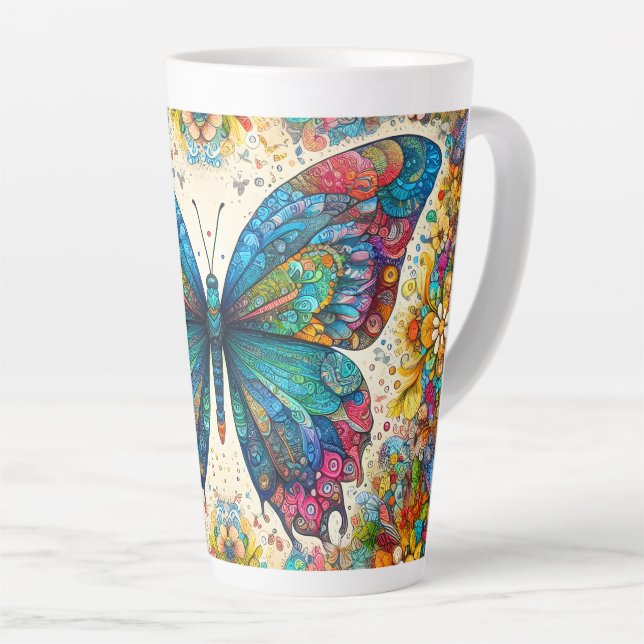 Caneca De Café Latte Um Balé Arco-Íris de Borboleta (Ângulo direito)