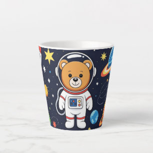 Caneca De Café Latte Urso Astronauta Fofo com Ilustração de Foguete