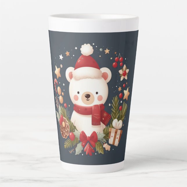 Caneca De Café Latte Urso de Natal/Inverno em coroa (Frente)