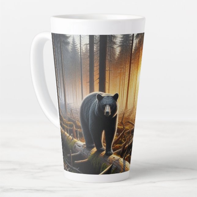 Caneca De Café Latte Urso Negro na Cena da Floresta (Ângulo esquerdo)