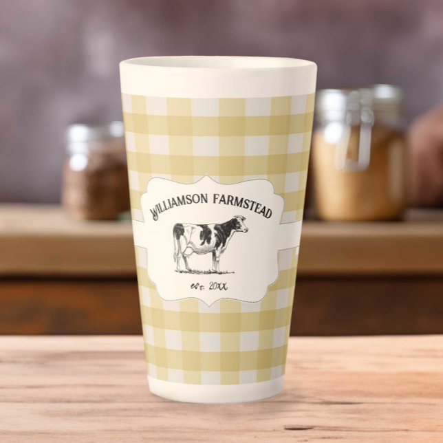 Caneca De Café Latte Vaca de latão de Xadrez de búfalo amarela (Yellow Buffalo Plaid Farm Cow Latte Mug)