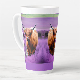 Caneca De Café Latte Vaca do planalto-cúmulo em campo de Lavanda