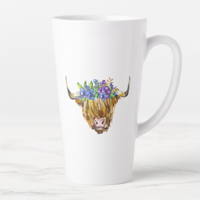 Caneca De Café Latte Vaca Escocesa Highland com Flores Aquarela (Direita)