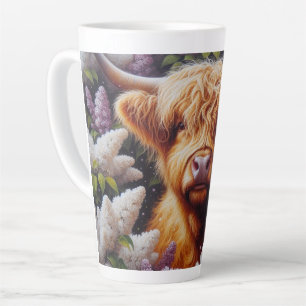 Caneca De Café Latte Vaca Highland com Flores Lilac