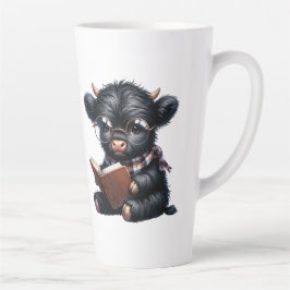 Caneca De Café Latte Vaca Highland Preta Lendo Um Livro