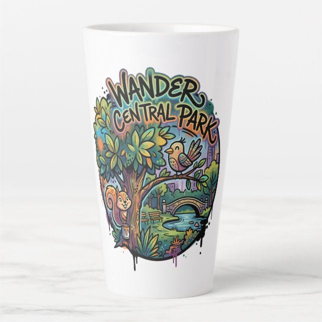 Caneca De Café Latte Vagueie pelo Parque Central Esquilo e Pássaro Capr (Frente)