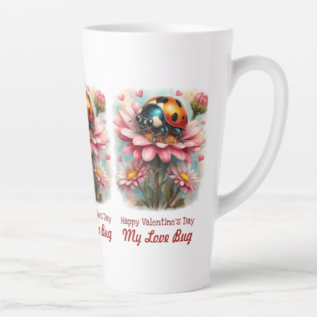 Caneca De Café Latte  Valentine Love Bug on Blossoms Rose (Direita)