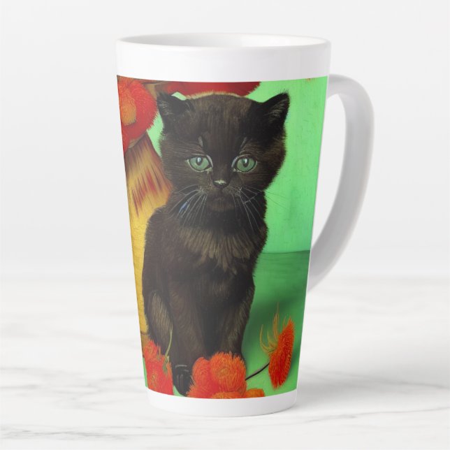 Caneca De Café Latte Van Gogh Black Kitten Red Flowers (Ângulo direito)