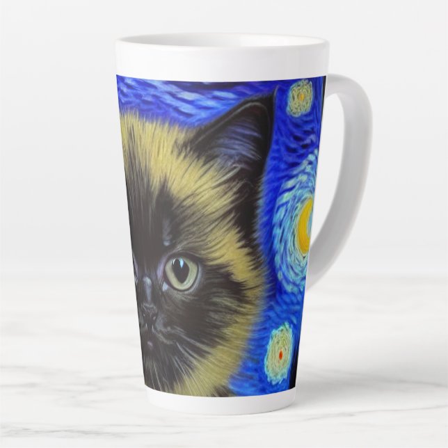 Caneca De Café Latte Van Gogh Starry Night Siamese Cat (Ângulo direito)