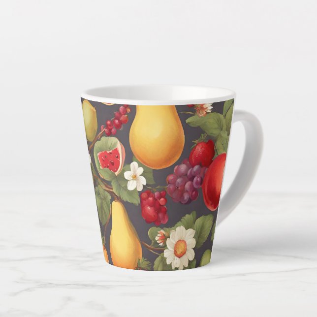 Caneca De Café Latte Várias Frutas, Folhas Escovoras e Flores Maravilho (Ângulo direito)