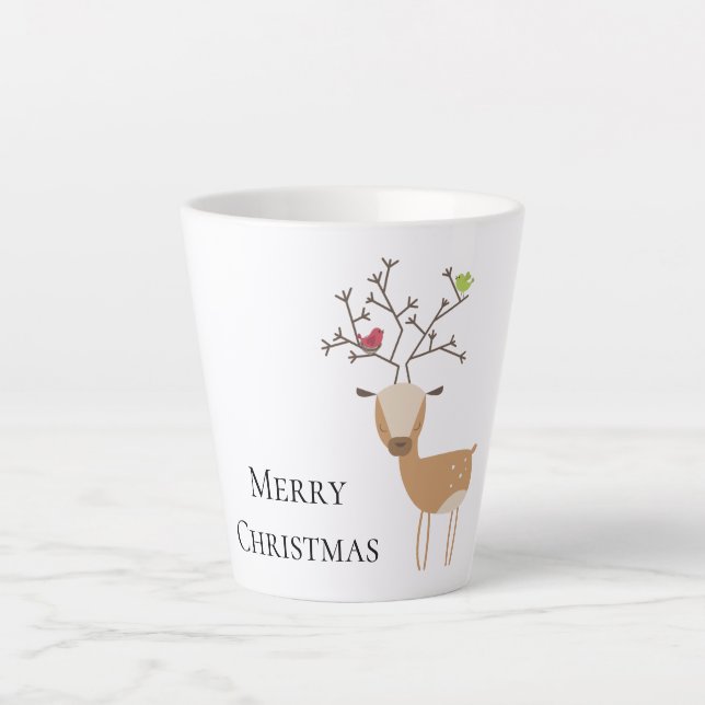 Caneca De Café Latte Veado de Natal com Pássaros (Frente)