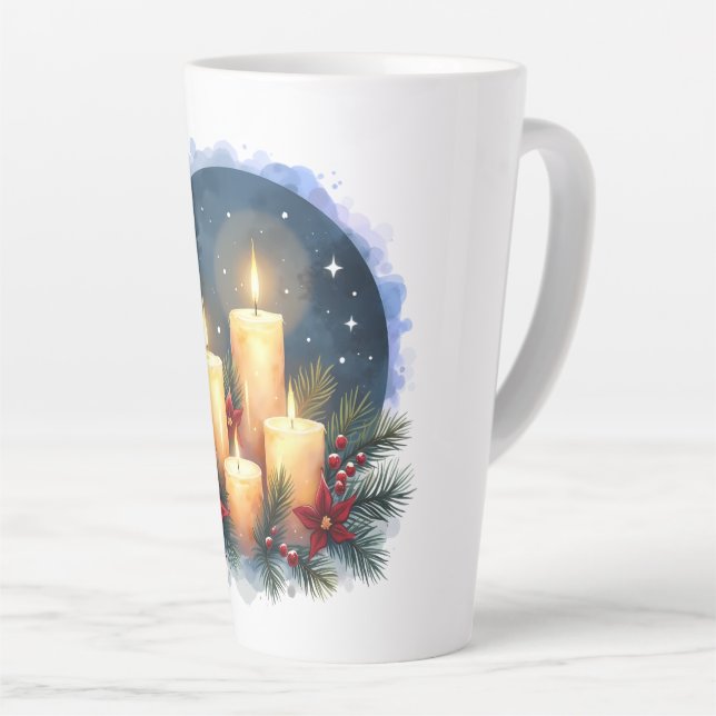 Caneca De Café Latte Vela de Natal brilha com Poinsettias (Ângulo direito)