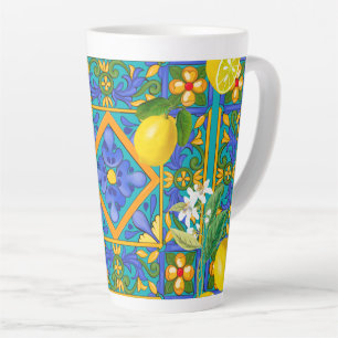 Caneca De Café Latte Verão, azulejos sicilianos, citrinos, laranjas, ma