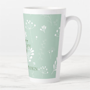 Caneca De Café Latte Verde personalizado com Florais Brancos