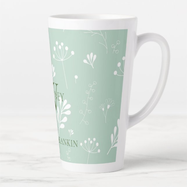 Caneca De Café Latte Verde personalizado com Florais Brancos (Direita)