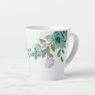 Caneca De Café Latte verde roxo romântico flores azuis