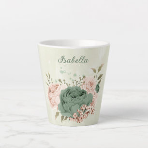 Caneca De Café Latte verde sálvia floral blush 