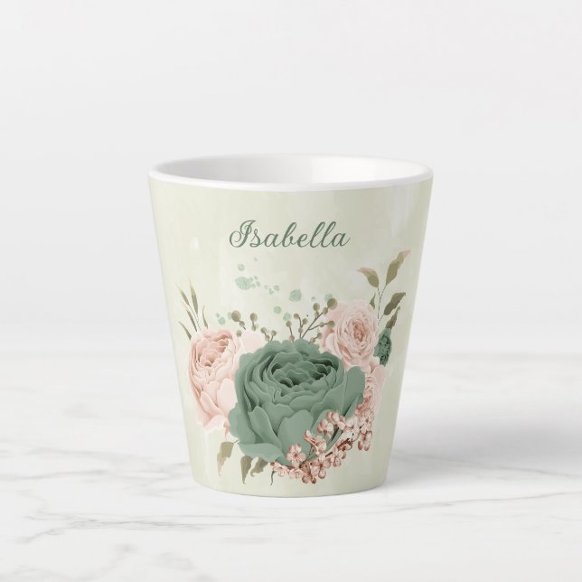 Caneca De Café Latte verde sálvia floral blush  (Frente)