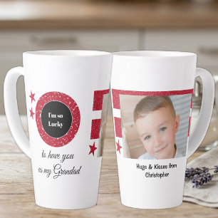 Caneca De Café Latte Vermelho branco tão sortudo Vovô com foto