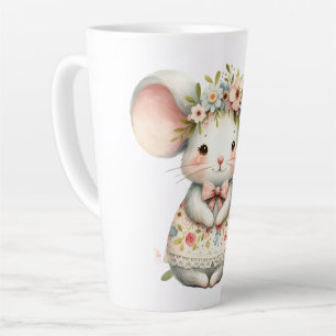 Caneca De Café Latte Vestido Floral de Rato Fofo com Coroa de Flores